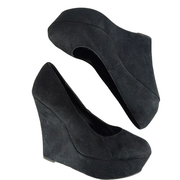 TRASH! BLACK VEGAN SUEDE/MICROFIBER LEATHER SKY HIGH WEDGE HEELS! SZ 9.5M - Picture 7 of 10